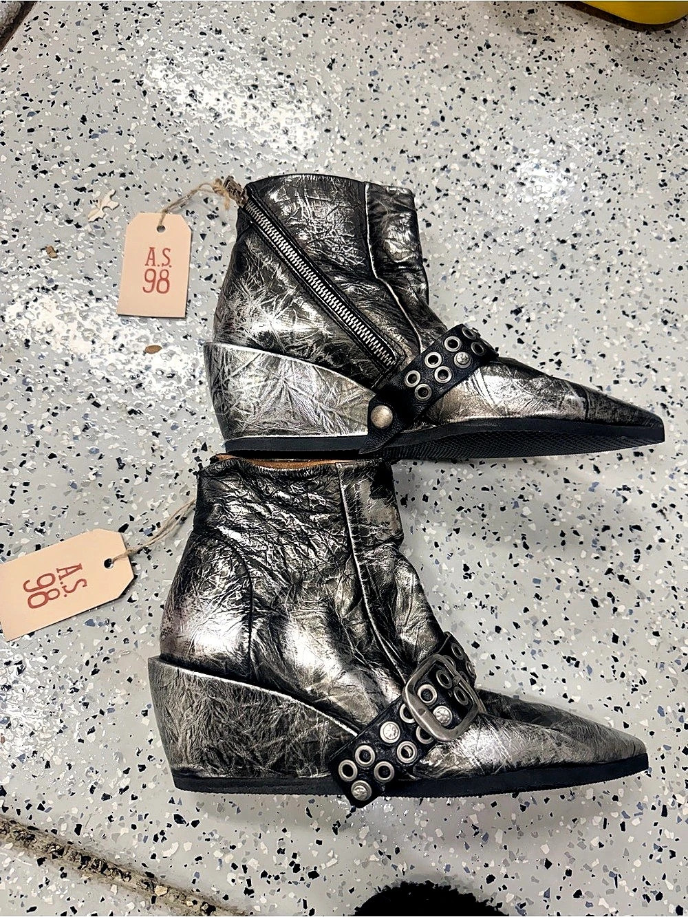 A.S. 98 Maxie Metallic Leather Wedge Ankle Boot Boots Black & Silver NWT